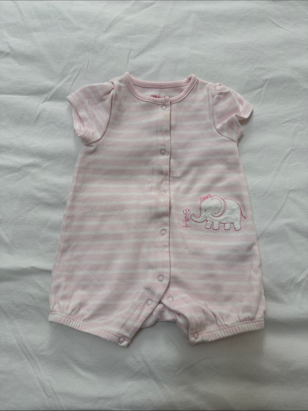 Little Me - Pink and White Striped Romper with Elephant Embroidery